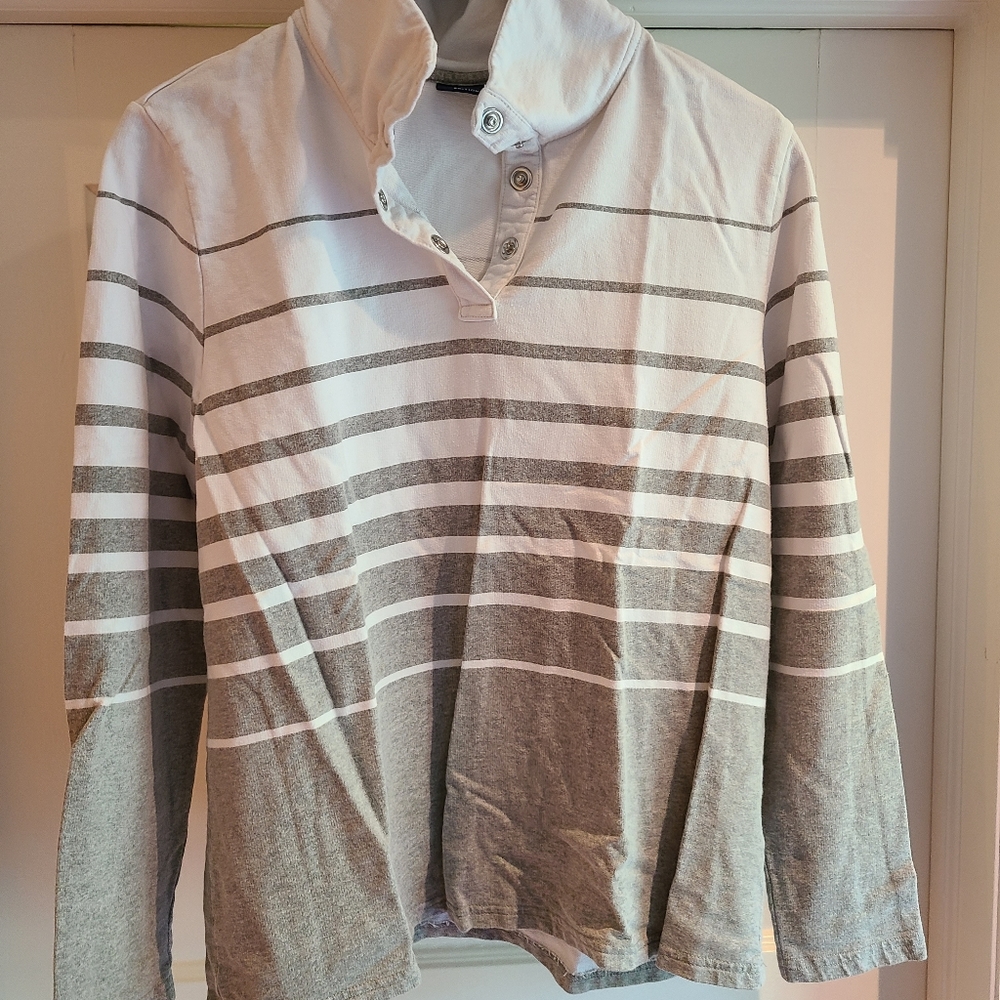 Basic Editions Top, Collared, Gray-and-White Striped, 100% Cotton